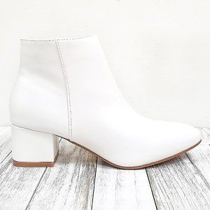 New White Low Heel Pointed Toe Ankle Boots Booties